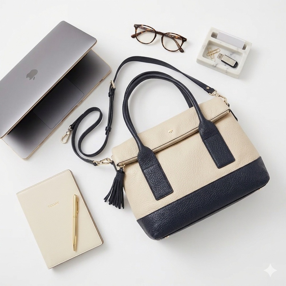 Kate Spade Cobble Hill Small Adrien Leather Satchel Beige Navy‎ Blue Crossbody